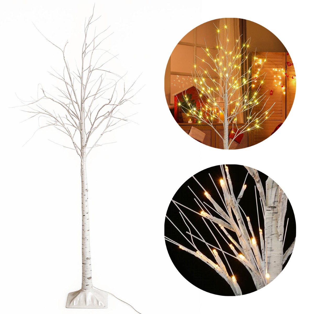 Sztuczne drzewko dekoracyjne przypominające brzozę, z białym pniem i gałęziami. Drzewko wyposażone w oświetlenie LED, które emituje ciepłe, białe światło. widoczne trzy ujęcia.  Całe drzewko na białym tle, z widoczną podstawą i kablem zasilającym. Drzewko w scenerii wnętrza, z włączonym oświetleniem. Zbliżenie na gałęzie z diodami LED, prezentujące szczegóły oświetlenia.